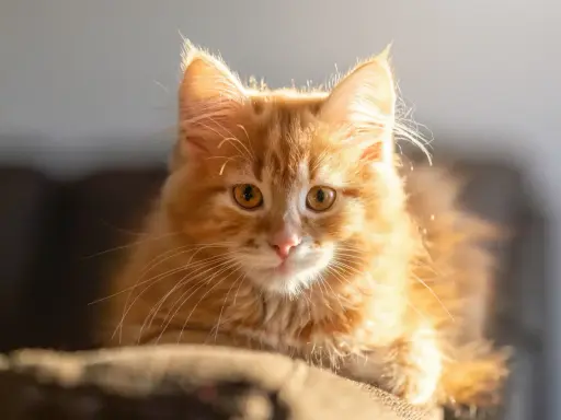 En fluffig, orange katt med stora ögon tittar fram. Den ser ut som en liten lavendel katt i solljuset.