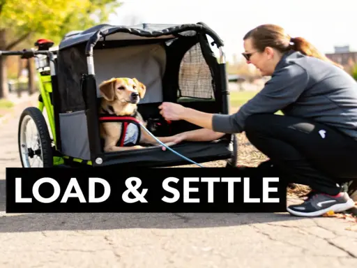 En kvinna förbereder sin hund för att cykla med hund i korg. Hunden sitter tryggt i en cykelvagn.