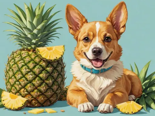 Glad ananas hund med blått halsband, omgiven av ananas och ananasskivor mot ljusblå bakgrund.