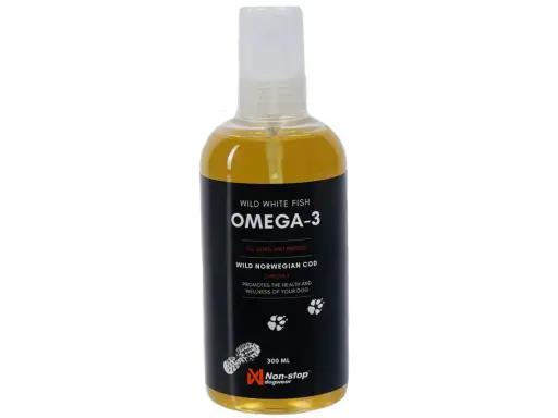 Flaska med fiskolja till hund, Omega-3 från vild norsk torsk. Främjar hundens hälsa och välmående.