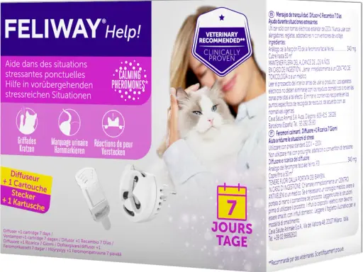 Feliway Help! med lugnande feromoner för stressade katter. En kvinna håller en ragdollkatt. En diffuser och en refill ingår.