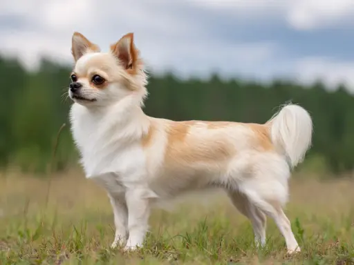 En långhårig chihuahua med ljus päls och bruna fläckar står i gräset. Dess chihuahua psyke lyser igenom i dess alerta blick.