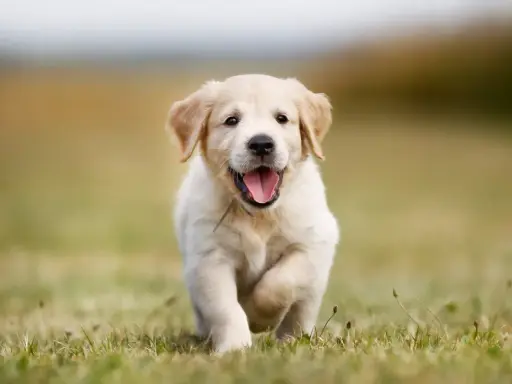 En glad golden retriever-valp springer över en gräsmatta. Valpens vikt är perfekt för dess ålder.