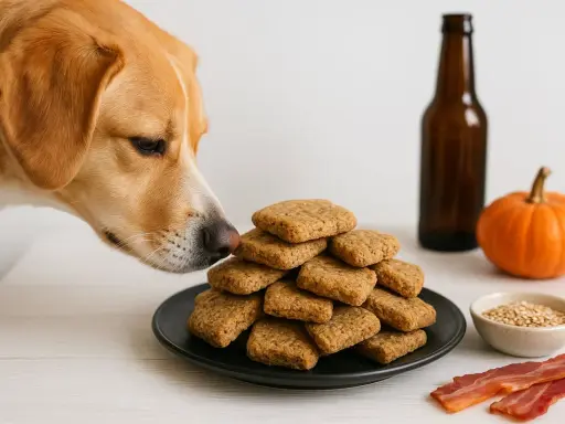En hund nosar på en hög med hundkakor. Bredvid finns en pumpa, en flaska och lite bacon.