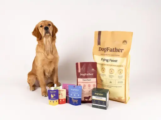 Golden retriever sitter bredvid DogFather-foder. Förpackningar med foder till hund som fiser, som "Flying Feast" och "Farm Feast", samt godis och såser.