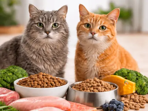 Två katter, en grå och en orange, sitter framför skålar med torrfoder. Runtomkring finns rått kött, broccoli, blåbär och en bit pumpa. Perfekt för seniorfoder katt.