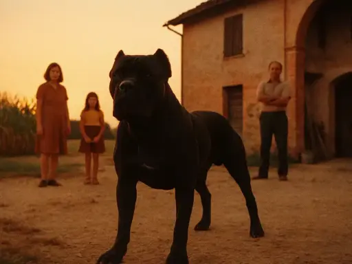En ståtlig svart cane corso vaktar en familj framför ett gammalt hus i solnedgången.