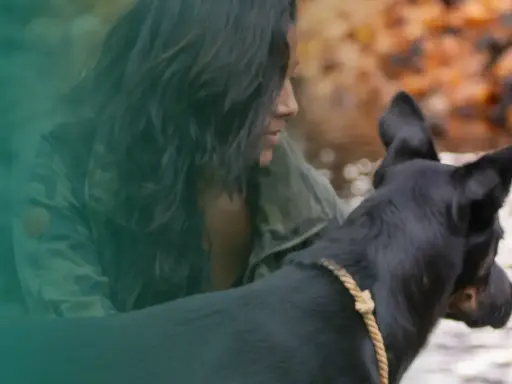 En kvinna med mörkt hår och kamouflagejacka visar sitt ledarskap hund vid en vattensamling.
