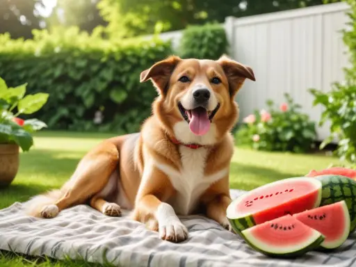 Glad hund på picknickfilt med vattenmelon. En perfekt sommardag för en vattenmelon hund.