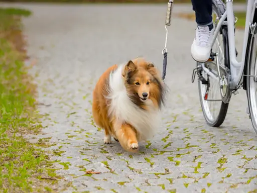En sheltie njuter av att cykla med hund på en grusväg.