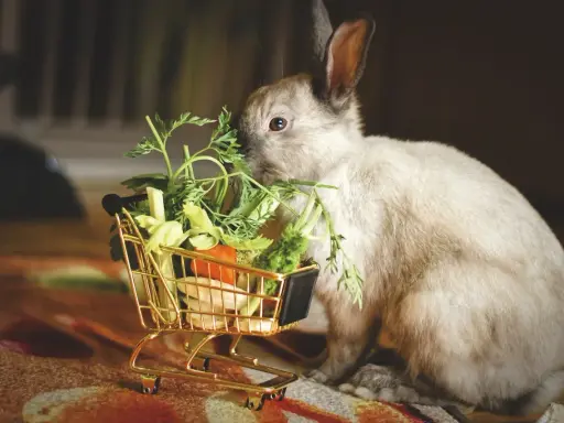 En söt kanin mumsar på färska grönsaker från en miniatyr-shoppingvagn. Bland godsakerna finns bland annat ruccola och morotsblast.