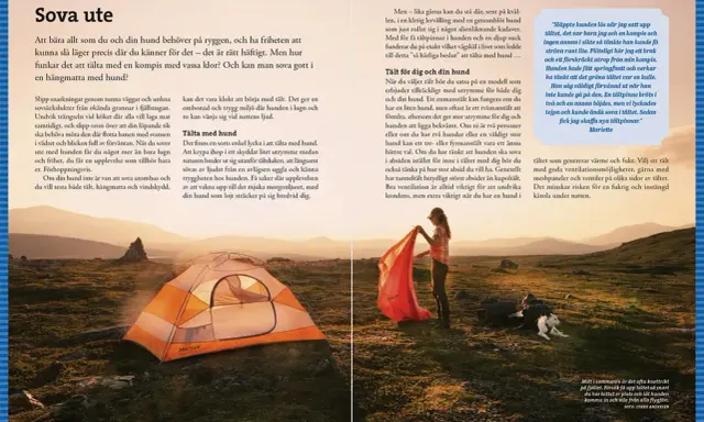 En kvinna sätter upp ett tält i ett naturskönt landskap, med en hund som vilar bredvid. Perfekt för vandra med hund.