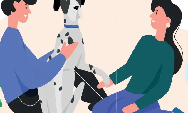 Två personer kelar med en prickig hund. En av dem säger "orkar inte gå ut med hunden".