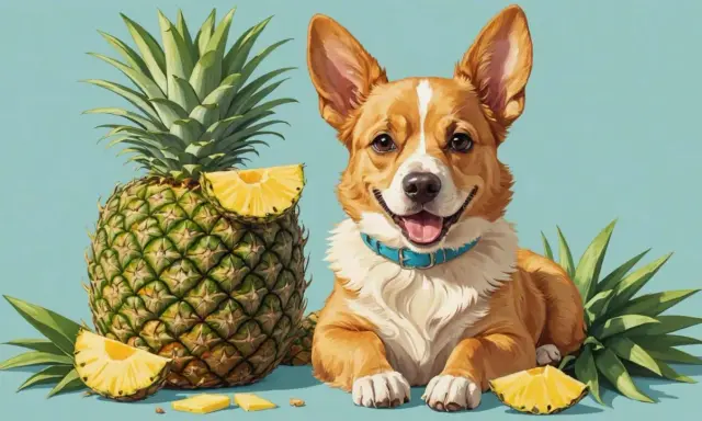 Glad ananas hund med blått halsband, omgiven av ananas och ananasskivor mot ljusblå bakgrund.