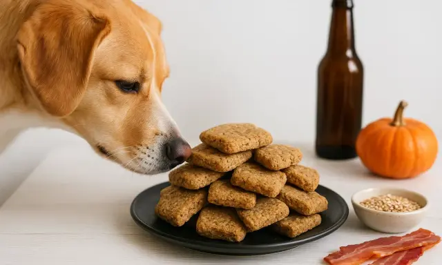 En hund nosar på en hög med hundkakor. Bredvid finns en pumpa, en flaska och lite bacon.