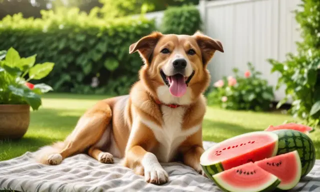 Glad hund på picknickfilt med vattenmelon. En perfekt sommardag för en vattenmelon hund.