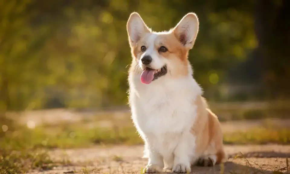 En glad corgi pembroke sitter i solskenet med tungan ute.
