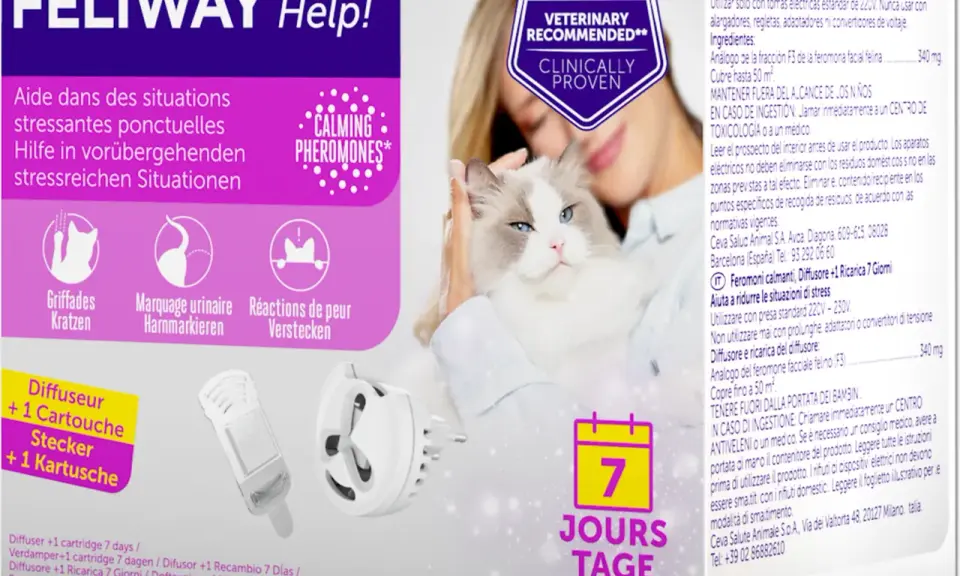 Feliway Help! med lugnande feromoner för stressade katter. En kvinna håller en ragdollkatt. En diffuser och en refill ingår.