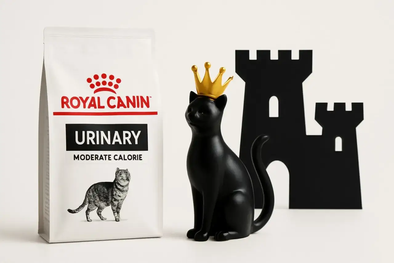 En kunglig svart katt med krona sitter bredvid en p&aring;se Royal Canin Urinary. Fr&aring;gan 