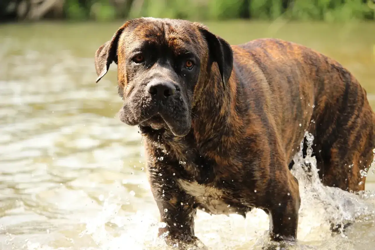 En st&aring;tlig cane corso med brindle-p&auml;ls plaskar i vattnet, omgiven av st&auml;nk.