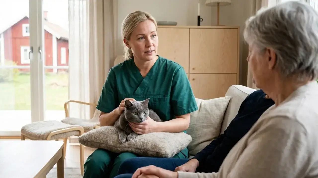 Veterin&auml;r tr&ouml;star &auml;ldre kvinna medan hon h&aring;ller en gr&aring; katt. Katten bits inte, men hon verkar orolig.
