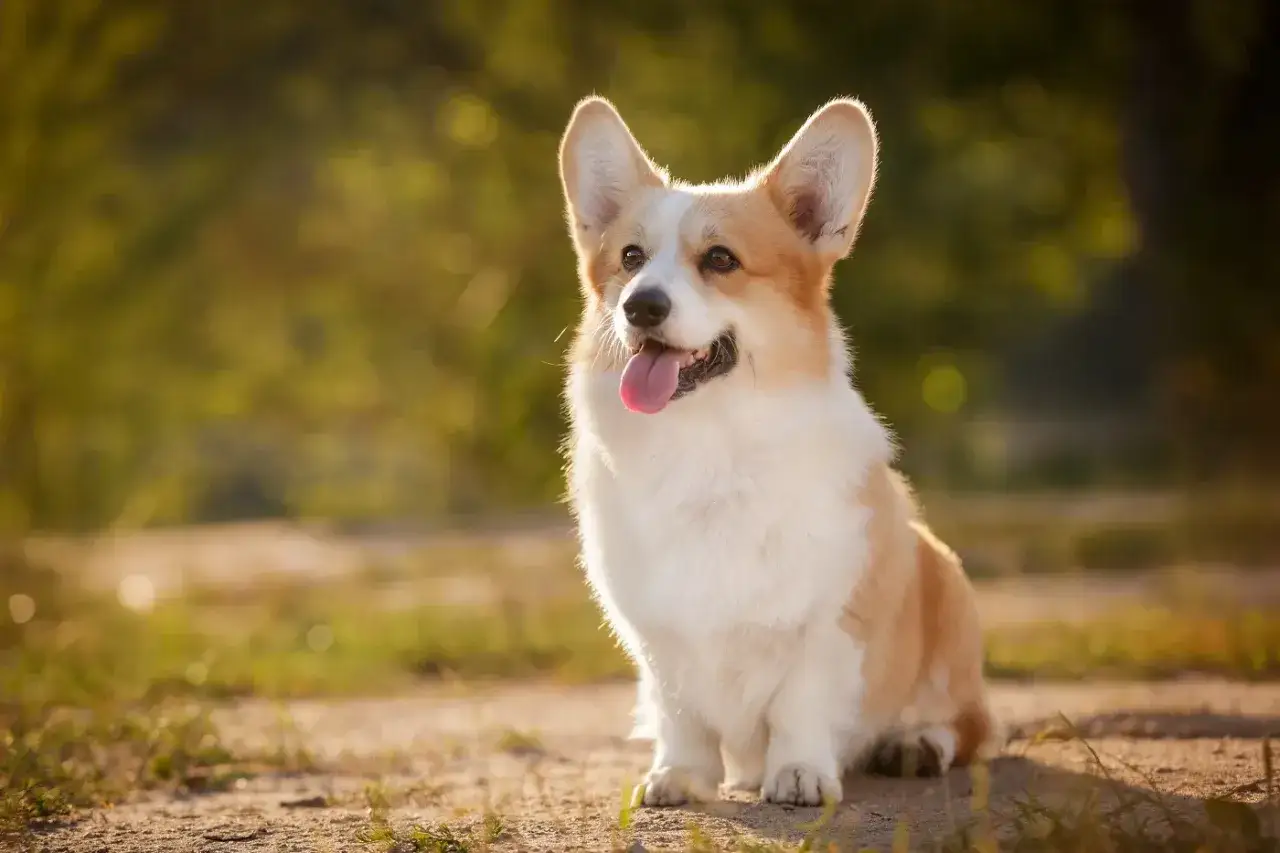 En glad corgi pembroke sitter i solskenet med tungan ute.
