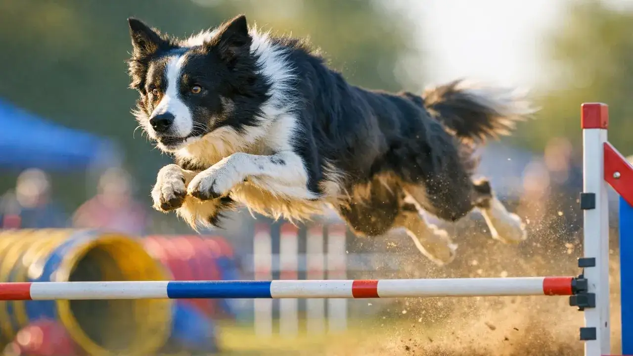 En border collie i full fart &ouml;ver ett hinder. Denna hundras &auml;r k&auml;nd f&ouml;r sin otroliga agility och snabbhet.