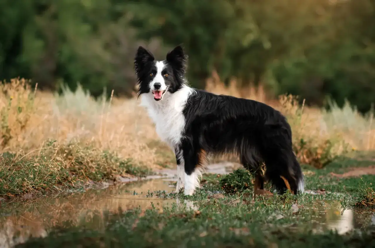 En alert border collie st&aring;r vid en vattenp&ouml;l i ett gr&auml;sigt landskap.