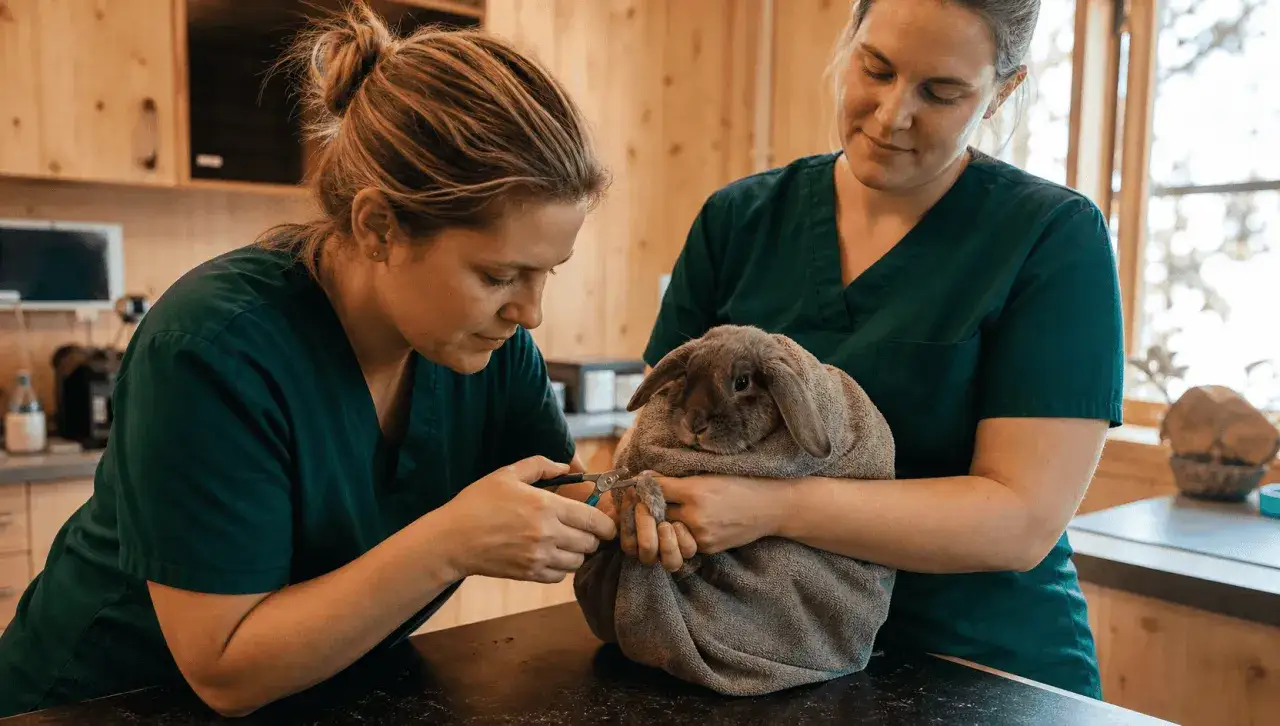 Tv&aring; veterin&auml;rer klipper en kanins klor. En av dem h&aring;ller kaninen, som &auml;r insvept i en handduk, medan den andra f&ouml;rsiktigt klipper klorna. Detta &auml;r en del av att vaccinera kanin och ge den b&auml;sta v&aring;rden.
