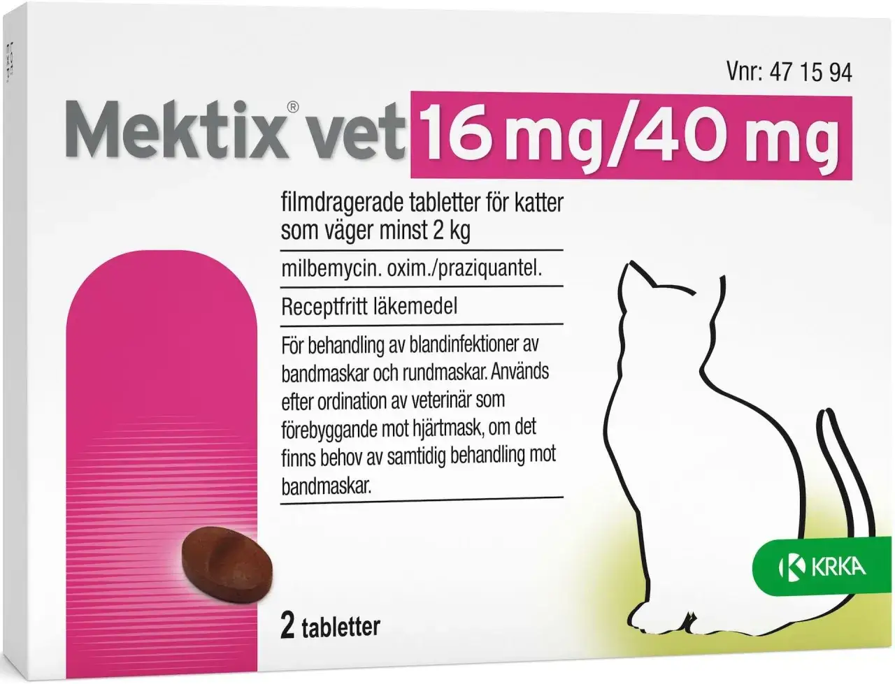 Mektix vet, receptfria tabletter f&ouml;r katt, 2 st. F&ouml;r behandling av maskinfektioner. En tablett f&ouml;r din katt.