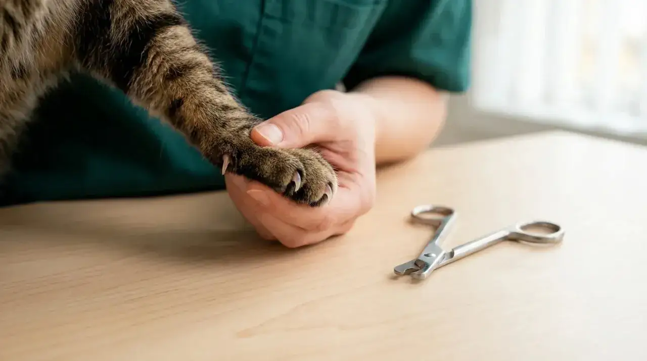 En person håller en katt tass med vassa klor. En nagelsax ligger på bordet, redo för att klippa kattens klor.
