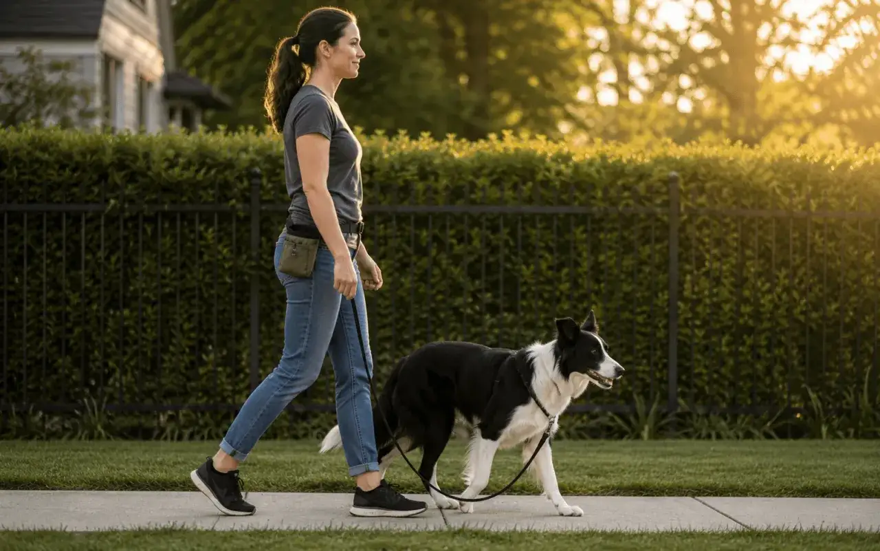Kvinna med hund som går fint i koppel längs en trottoar i solnedgången.