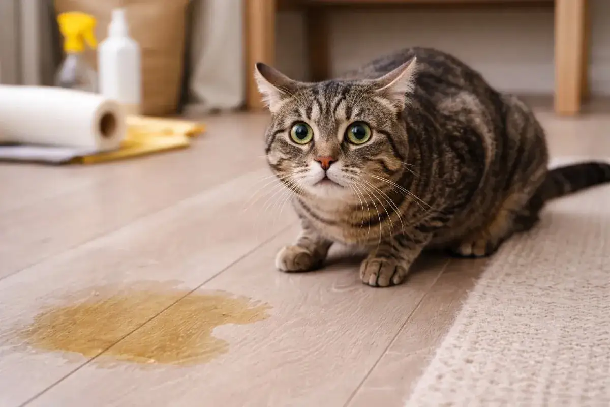 En orolig katt sitter bredvid en fl&auml;ck p&aring; golvet, kanske fr&aring;n kattpiss i soffan. Reng&ouml;ringsmaterial syns i bakgrunden.