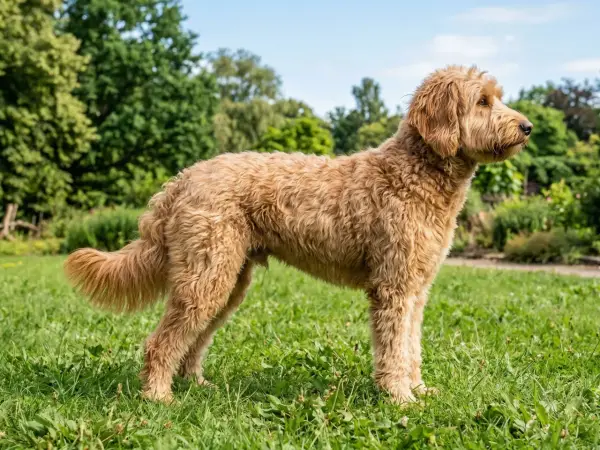 En fluffig labradoodle mini står i gräset med träd i bakgrunden.